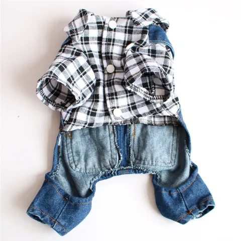Pet Dog Clothes Plaid Shirt Denim Jumpsuit Four-Legged Apparel Fashion Puppy Overalls For Small Dogs Daily Wear