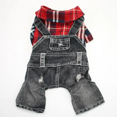 Pet Dog Plaid Shirt Denim Jumpsuit Four-Legged Romper Distressed Jeans Clothes For Small Dogs Puppy Spring Autumn Winter