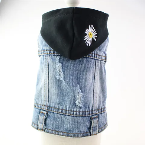 Fashionable Pet Denim Vest Distressed Ripped Hooded Dog Clothes Daisy Embroidery Washed Denim Jacket For Small Dogs Teddy Bichon