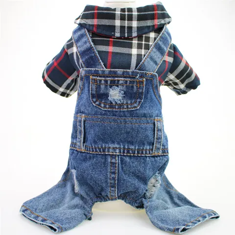 Pet Dog Plaid Shirt Denim Jumpsuit Distressed Four-Legged Clothes For Small Medium Dogs Teddy Bichon Autumn Winter Warm Outfit