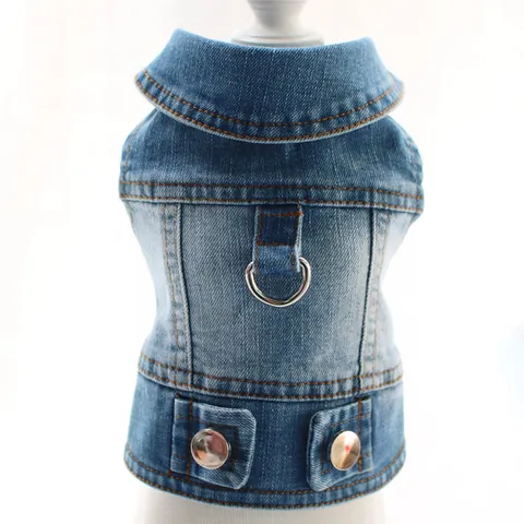 Pet Dog Denim Vest With Leash D-Ring Small Medium Dog Apparel Washed Jean Jacket For Corgi Teddy Fashionable Puppy Clothes