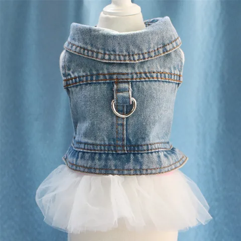 Detachable Denim Pet Dress Mesh Tutu Skirt For Small Dogs Cats Puppy Kitten Teddy Pomeranian Princess Dog Clothes With D-Ring