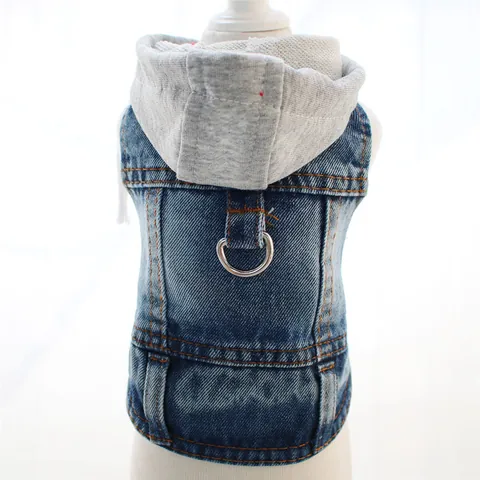 Pet Dog Hooded Denim Vest Traction D-Ring Small Dog Vest Puppy Harness Jacket Casual Outdoor Walking Pet Clothes Apparel