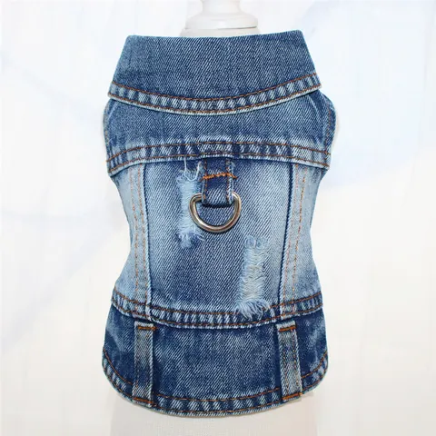Chaleco de Mezclilla Distressed para Perro Arnés Chaqueta Con Anillo en D de Metal Para Perros Pequeños Retro Azul Negro