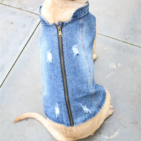 Pet Dog Denim Vest Ripped Distressed Vest For Large Dogs Golden Retriever Bulldog Retro Casual Denim Jacket With Back Zipper