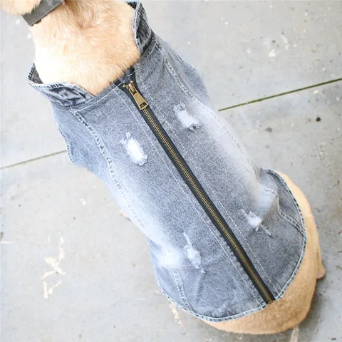 Pet Dog Denim Vest Ripped Distressed Vest For Large Dogs Golden Retriever Bulldog Retro Casual Denim Jacket With Back Zipper