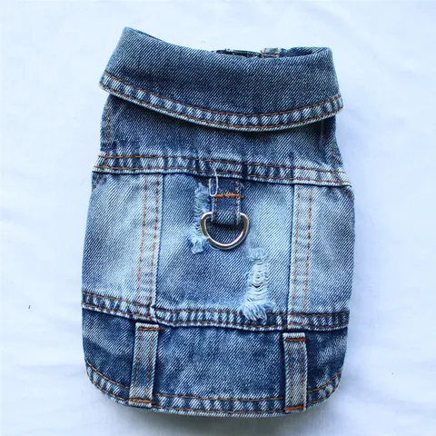 Chaleco de Mezclilla Distressed para Perro Arnés Chaqueta Con Anillo en D de Metal Para Perros Pequeños Retro Azul Negro