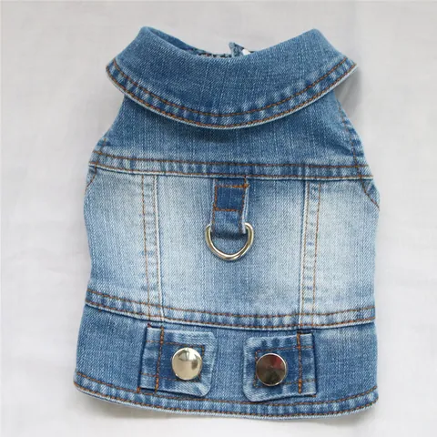 Pet Dog Denim Vest With Leash D-Ring Small Medium Dog Apparel Washed Jean Jacket For Corgi Teddy Fashionable Puppy Clothes