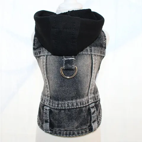 Pet Dog Hooded Denim Vest Traction D-Ring Small Dog Vest Puppy Harness Jacket Casual Outdoor Walking Pet Clothes Apparel