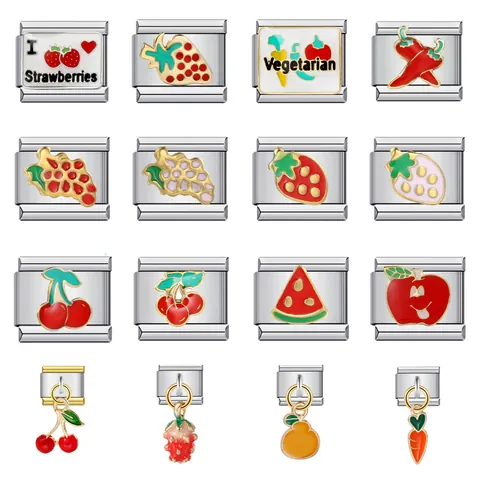 Stainless Steel Italian Charms Fruit Series Vegetable DIY Enamel Bracelet Links Cartoon Modular Links For Jewelry Making