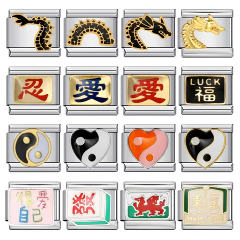 Stainless Steel Italian Charm Link Modular DIY Bracelet Component Gold Plated Enamel Chinese Culture Dragon Yin Yang Mahjong Symbol Charm Jewelry Finding
