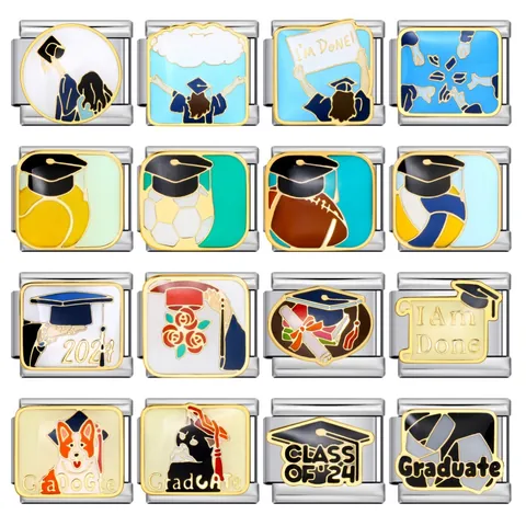 Graduation Season Italian Module Charm Link Stainless Steel Gold Plated Enamel DIY Modular Bracelet Link Graduation Gift Jewelry Accessories For Women Men