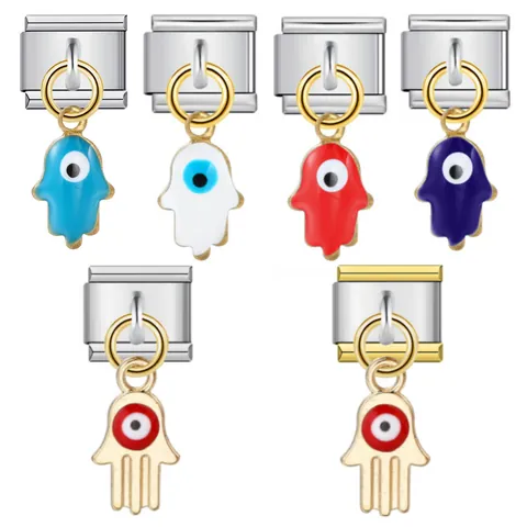 Stainless Steel Hamsa Hand Evil Eye Italian Modular Link Charm For DIY Bracelet Watch Strap Accessory Electroplated Metal Drip Oil Jewelry Pendant