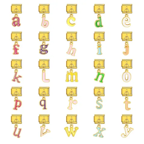 Gold Stainless Steel Italian Charm Link Bracelet Accessories Drip Oil Colorful Alphabet Letter Modular Charm Link For DIY Jewelry