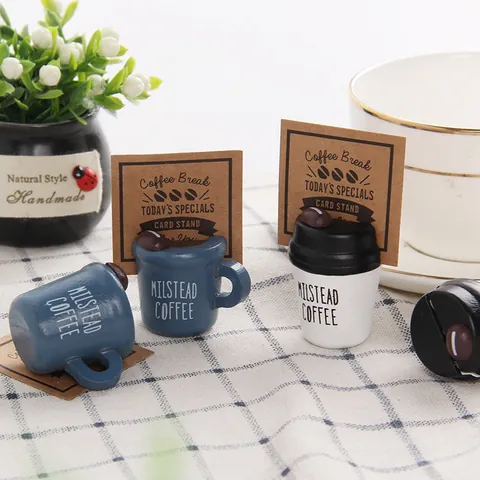Creative Wooden Coffee Cup Typewriter Memo Clip Photo Card Holder Retro Tabletop Ornament Note Stand Office Desk Decoration Small Decorative Card Holder