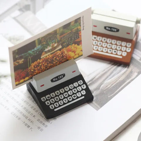 Creative Wooden Coffee Cup Typewriter Memo Clip Photo Card Holder Retro Tabletop Ornament Note Stand Office Desk Decoration Small Decorative Card Holder