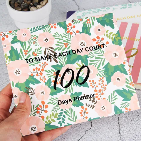 Planificateur Créatif Simple 100 Jours Portable Floral Rayé Carnet de Notes Agenda Journal de Suivi d'Objectifs pour Étudiants Bureau