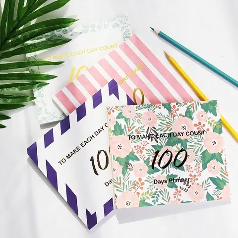 Planificateur Créatif Simple 100 Jours Portable Floral Rayé Carnet de Notes Agenda Journal de Suivi d'Objectifs pour Étudiants Bureau