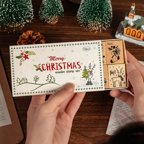 10 Pieces Christmas Wooden Rubber Stamp Set For DIY Scrapbooking Journal Decoration Beech Wood Stamps Merry Christmas Noel Pattern