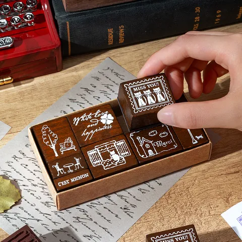 Juego de 9 Sellos de Goma de Madera Vintage Frases de Bendición Francesas Sellos Decorativos de Madera para Scrapbooking Diario