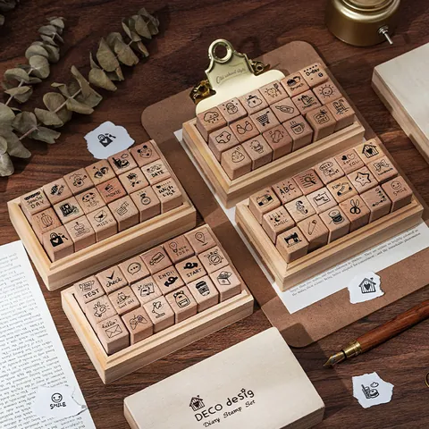 Vintage Buchenholz Dekoratives Stempel-Set Für DIY Scrapbooking Journaling Alltag Schule Thema Holzstempel In Box