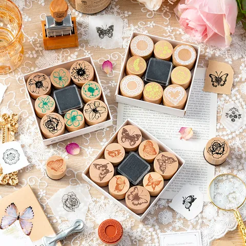 Vintage Wood Cylindrical Stamp Set Butterfly And Flower Design For DIY Scrapbooking Journal Decorative Arts Stamps With Ink Pad