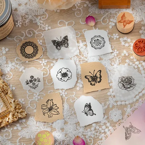 Vintage Wood Cylindrical Stamp Set Butterfly And Flower Design For DIY Scrapbooking Journal Decorative Arts Stamps With Ink Pad