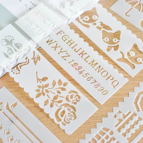8 Styles DIY Drawing Template Set For Students Scrapbooking Drawing Ruler Hollow Out Design Alphabet Animals Floral Buildings Pattern PP Plastic Painting Stencil