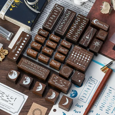 30 Stücke Vintage Mondphasen Holzstempel Set Himmlischer Sternenhimmel Ewiger Kalender Dekorative Gummistempel Für DIY Scrapbooking Journaling Planer Geschenk