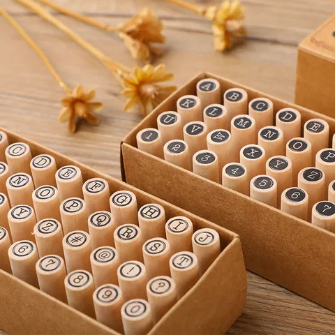 40Pcs Creative Wooden Cylindrical Stamp Set Vintage Alphabet Number Symbols DIY Craft Rubber Wood Stamps For Journal Planner Decor