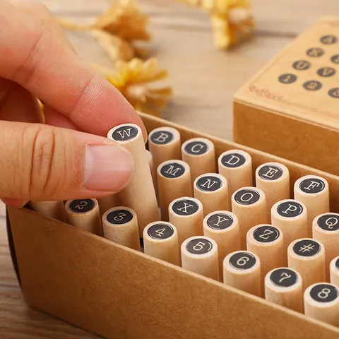 40Pcs Creative Wooden Cylindrical Stamp Set Vintage Alphabet Number Symbols DIY Craft Rubber Wood Stamps For Journal Planner Decor