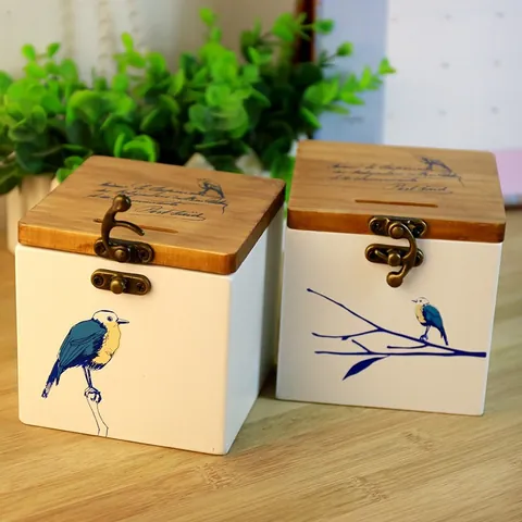 Hucha de Madera Moderna Con Ilustración de Pájaro Azul Y Rama Cierre de Metal Retro Caja de Ahorro de MDF Para Hogar Oficina Escritorio