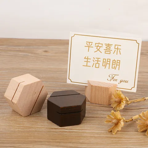 Minimalist Hexagonal Beech Wood Card Holder Geometric Memo Clip Table Number Stand Decorative Message Folder For Office Wedding