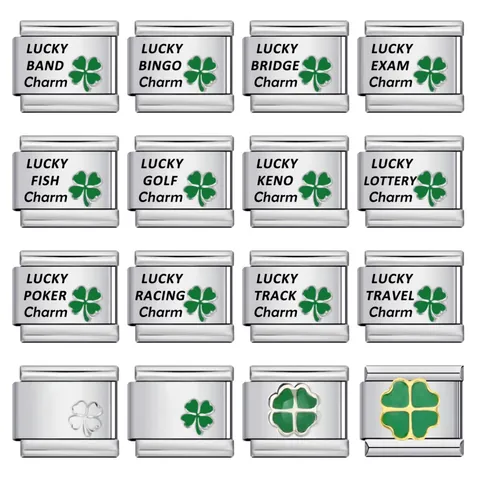 Stainless Steel Italian Charm Link Lucky Four-leaf Clover Laser Engraved Letter DIY Modular Elastic Bracelet Component Jewelry For Women Men