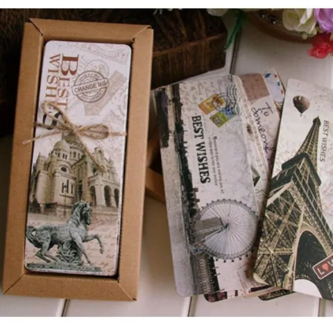 Retro Exotic Paper Bookmarks Set Eiffel Tower Architecture Vintage Kraft Box Decorative Bookmarks For Students Reading Gift