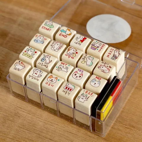 Juego de Sellos de Madera de Gato y Cerdo de Dibujos Animados Con Almohadilla de Tinta de Cuatro Colores Sellos de Madera DIY