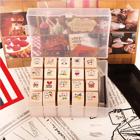 Juego de Sellos de Madera de Gato y Cerdo de Dibujos Animados Con Almohadilla de Tinta de Cuatro Colores Sellos de Madera DIY