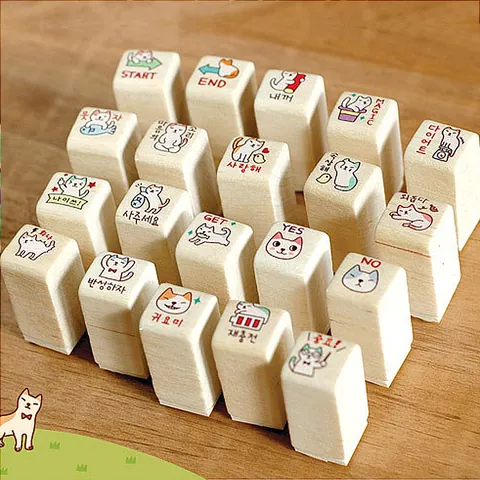 DIY Wooden Cat Pig Stamp Set Transparent Plastic Box 20 Pcs Cute Animal Stamps With Four Color Ink Pad For Journaling Craft