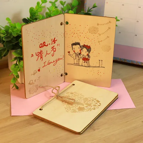 Handmade Wood Greeting Card Laser Engraved Heart Elephant Vintage Postcard For Birthday Valentine Gift Messaging Card