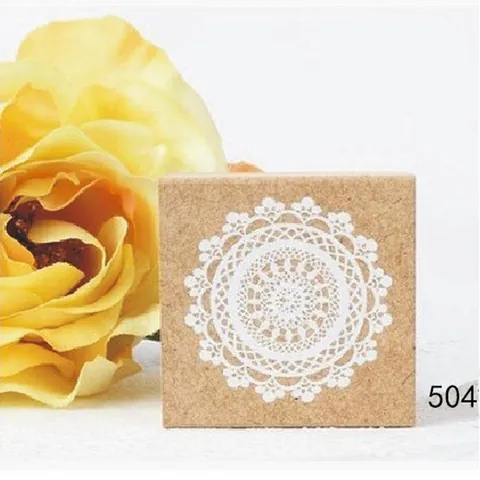Vintage Wooden Stamp Square Lace Pattern Decorative Rubber Stamp For DIY Journaling Album Scrapbooking Office Stationery