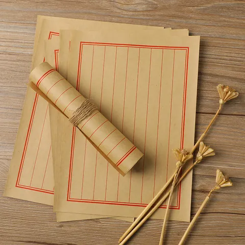 Vintage Chinese Style Kraft Letter Paper Red Grid Traditional Stationery Writing Sheets For Calligraphy Letters Gifts