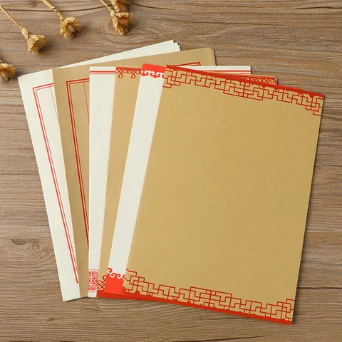 Vintage Chinese Style Kraft Letter Paper Red Grid Traditional Stationery Writing Sheets For Calligraphy Letters Gifts