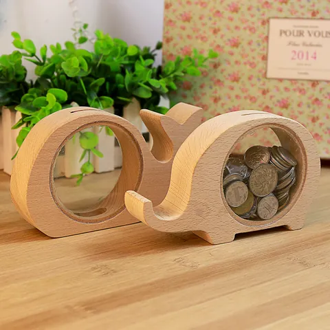 Cute Animal Wooden Piggy Bank With Transparent Acrylic Window Creative Money Saving Box Desktop Home Decor Coin Bank