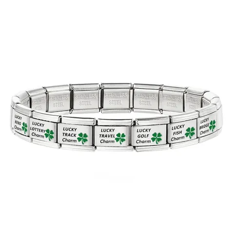 Stainless Steel Italian Charm Link Lucky Four-leaf Clover Laser Engraved Letter DIY Modular Elastic Bracelet Component Jewelry For Women Men
