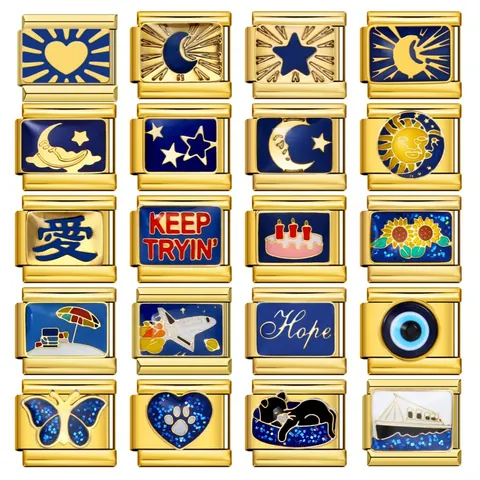 Charm Italiani Bracciale Links Fai da Te Oro Acciaio Inossidabile Blu Smalto Stella Luna Cuore Animale Fiore Modulare Rimovibile Gioielli