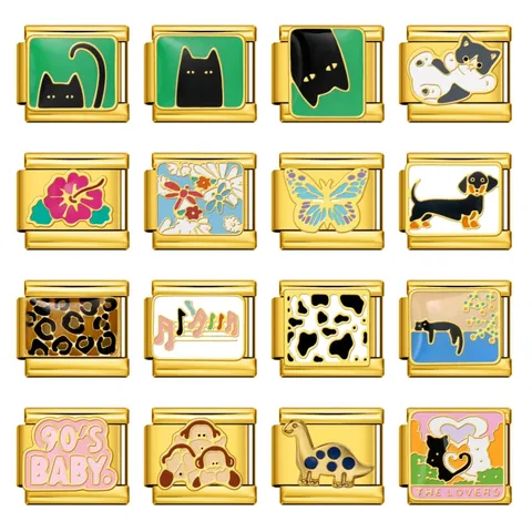 Gold Stainless Steel Italian Charm Links DIY Modular Bracelet Jewelry Enamel Cat Heart Dinosaur Pattern Beads Bracelet Accessories