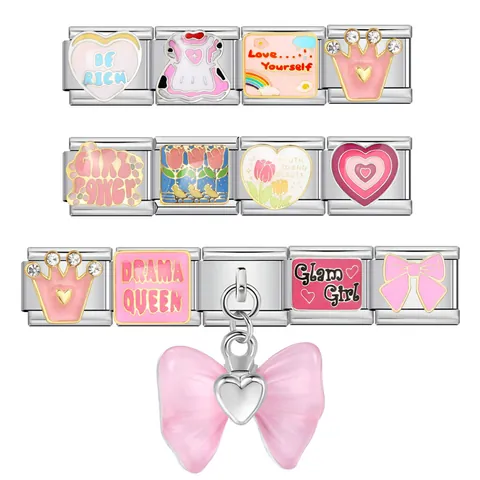 Stainless Steel Italian Charm Bracelet Links For Women DIY Enamel Heart Crown Flower Rainbow Bow Fashion Jewelry Gifts