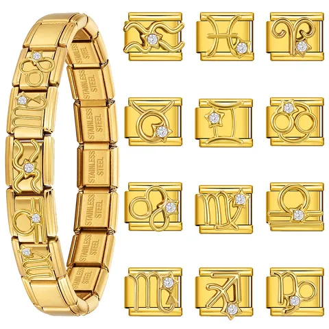 Gold Edelstahl Italienisch Charm Armband Link Zwölf Sternzeichen Strass Modular DIY Stretch Armband Für Damen Schmuck