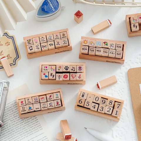 Beech Wood Rubber Stamp Cartoon Travel Weather Number DIY Handbook Decorative Stamps Within Wood Holder