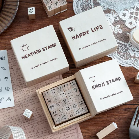 Vintage Wooden Rubber Stamp Emoji Weather Daily Life Pattern For DIY Scrapbooking Journal Diary Card Decoration Art Craft Gift
